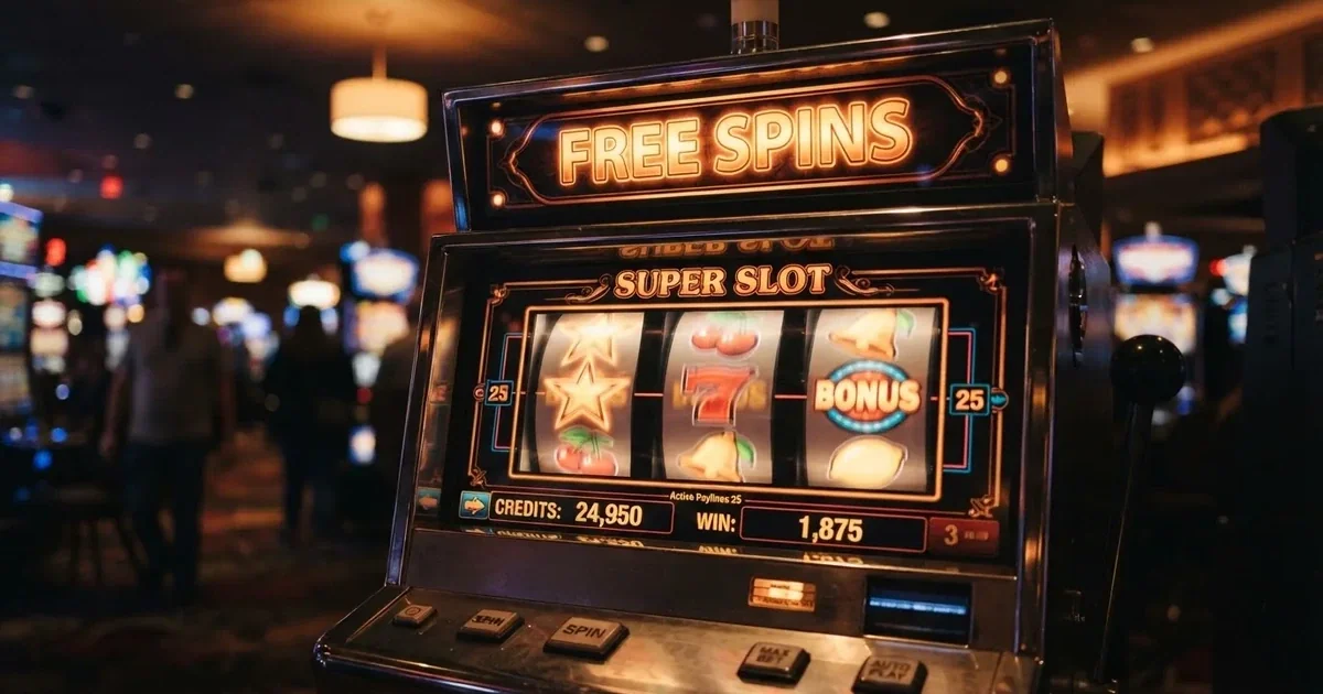 Roztočené válce online automatu s bonusovými symboly a nápisem Free Spins