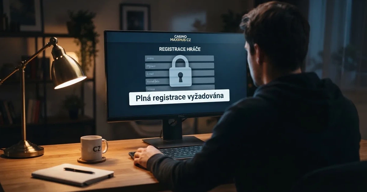 Hráč u obrazovky počítače, na které je zobrazena uzamčená registrační stránka online casina s českým textem a symbolem zámku
