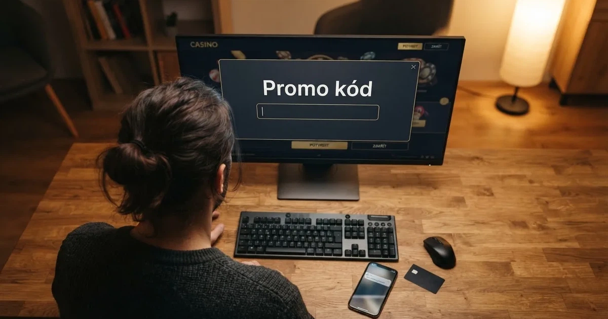 Hráč u monitoru, na obrazovce formulář pro zadání promo kódu v českém online casinu, vedle něj platební karta a mobil s notifikací