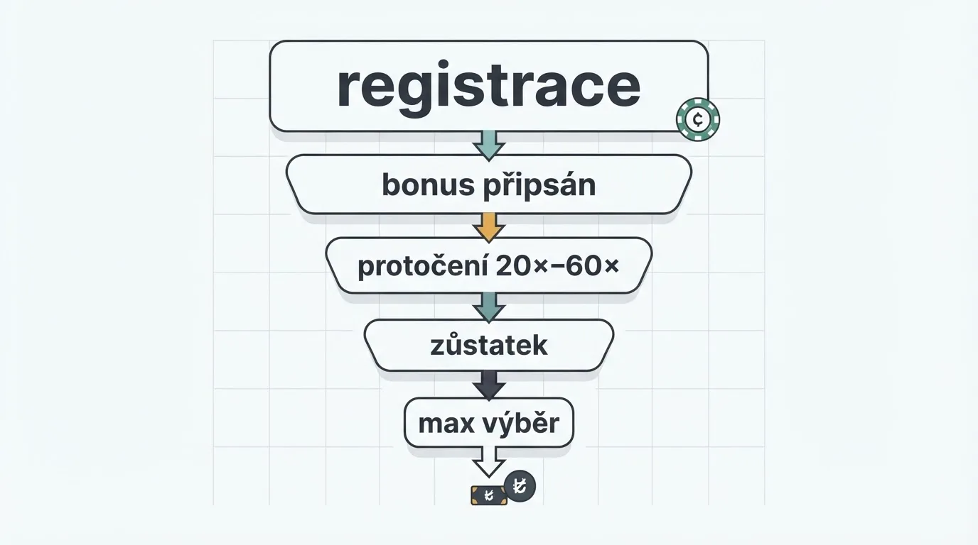 Diagram cesty bonusu: registrace → bonus připsán → protočení (20×–60×) → zbylá částka → max výběr → výplata, s odpadávajícími podíly při každém kroku