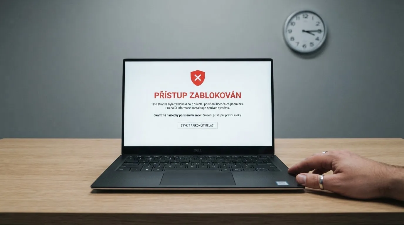 Úřední dokument s razítkem Ministerstva financí ČR a logem licence, v pozadí monitor s varovnou hláškou o blokaci nepovoleného webu
