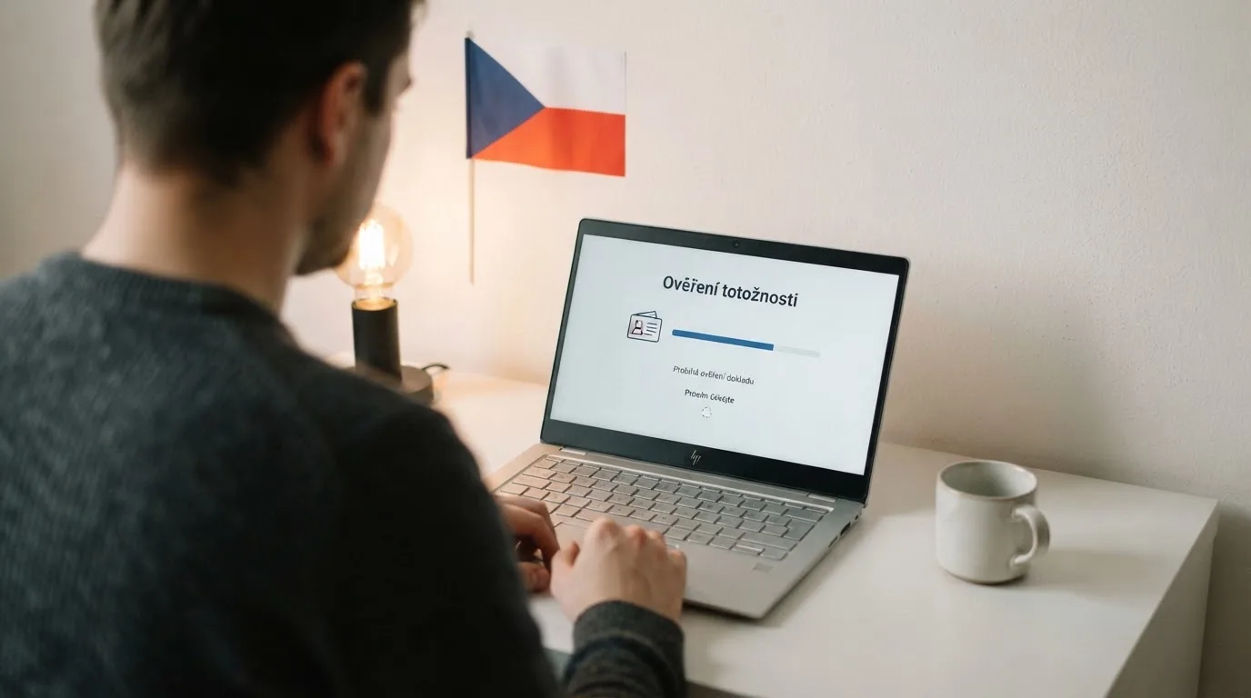 Česká vlajka, logo MF ČR a ukázka registračního formuláře s krokem ověření totožnosti