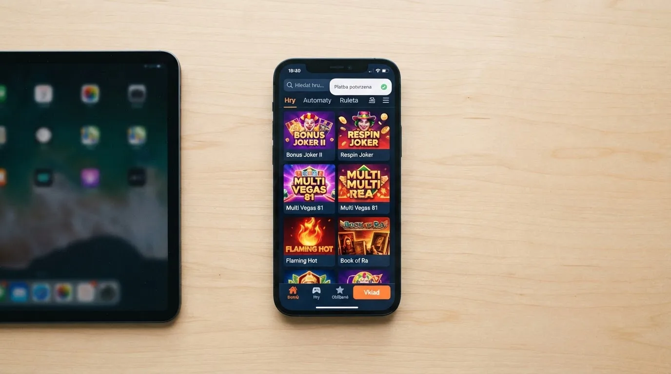 Telefon s otevřenou casino aplikací a notifikací Revolut o provedené platbě