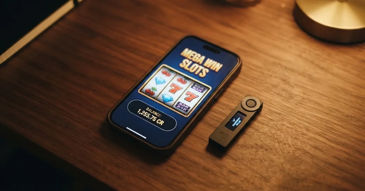 Mobilní telefon zobrazující USDT casino rozhraní, vedle něj hardwarová peněženka a logo Tetheru na displeji
