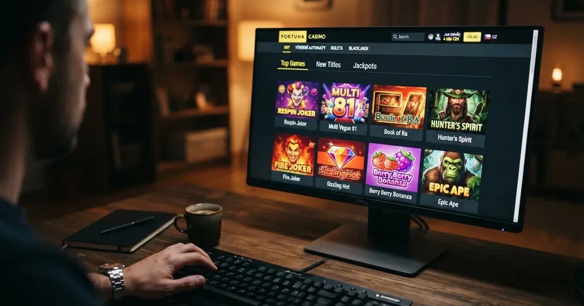 České online kasino na obrazovce počítače s českým rozhraním, zobrazená herní lobby s náhledy automatů