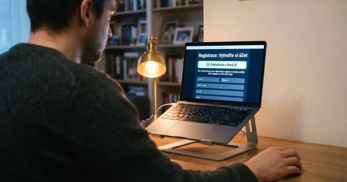 Hráč u notebooku si prohlíží nabídku bonusu bez vkladu v českém online kasinu, na obrazovce viditelná registrační stránka s tlačítkem Bank iD
