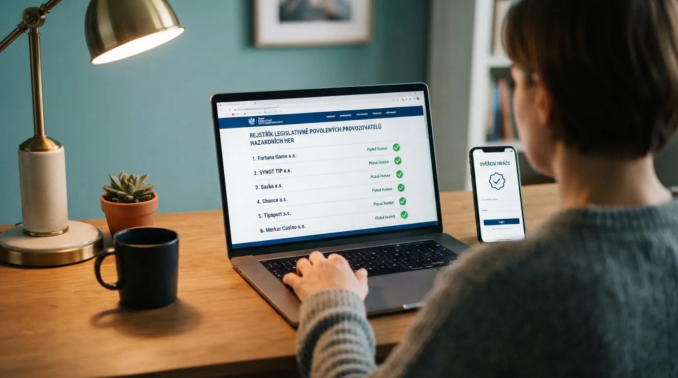 Úřední výpis z registru Ministerstva financí ČR vedle obrazovky s přihlašovací stránkou licencovaného online casina