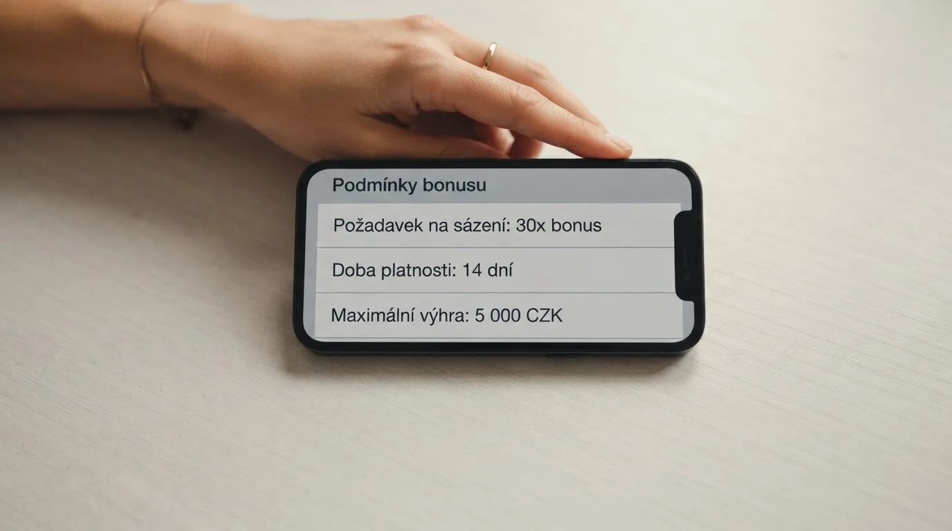 Detailní pohled na sekci podmínek bonusu na obrazovce — řádky s wageringem, platností a maximální výhrou