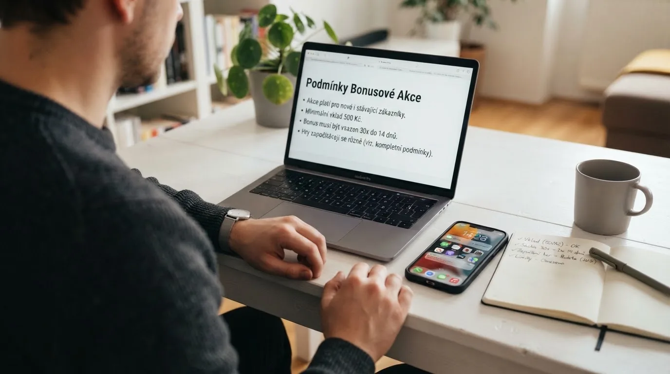 Hráč v online casinu kontroluje podmínky bonusu na obrazovce — vedle položený občanský průkaz a mobil s notifikací
