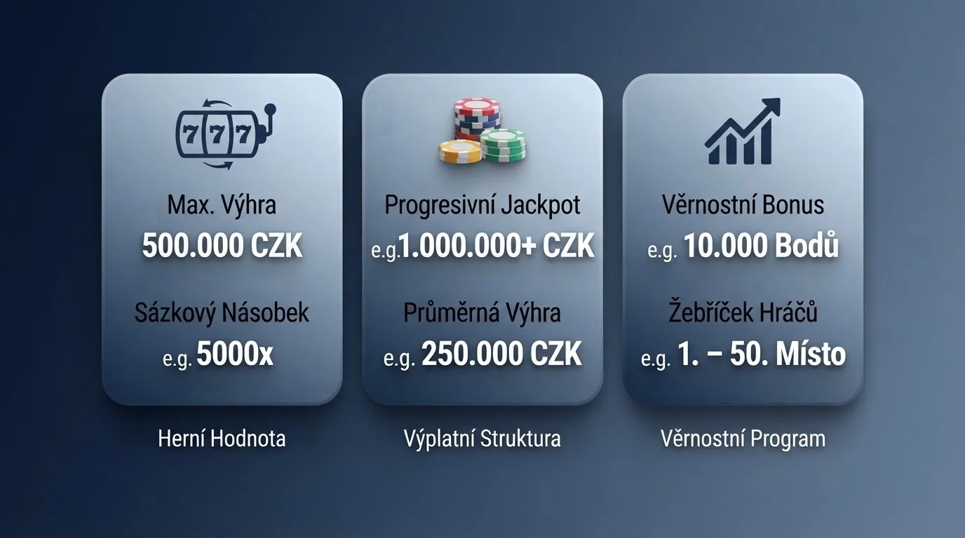 Tři sloupce srovnávající free spiny, hotovostní bonus a věrnostní body s hodnotami v Kč a násobky wageringu