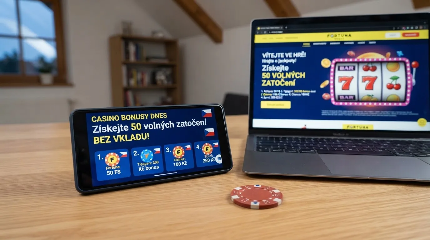 Srovnávací zobrazení chytrého telefonu a notebooku s logy českých licencovaných online casin, vedle nich symboly volných zatočení a nápis „bez vkladu“