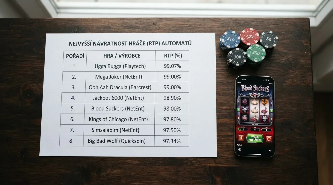 Tabulka s názvy automatů a hodnotami RTP nad 98 procent zobrazená vedle log poskytovatelů NetEnt a Synot