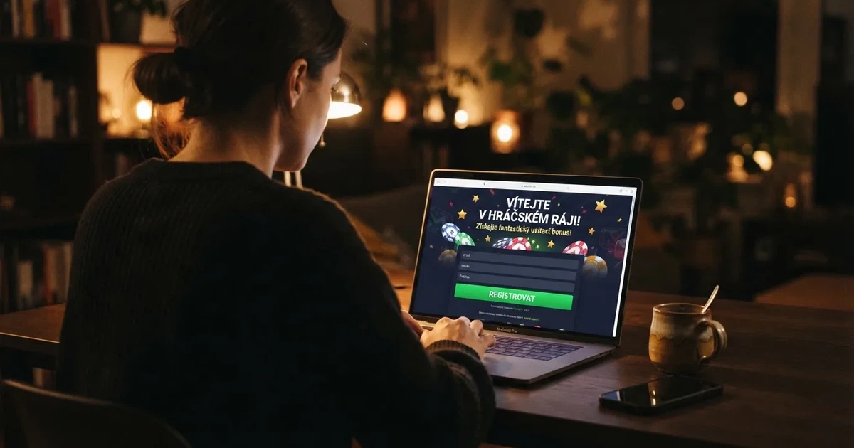 Hráč u obrazovky si prohlíží registrační formulář online casina s nabídkou uvítacího bonusu